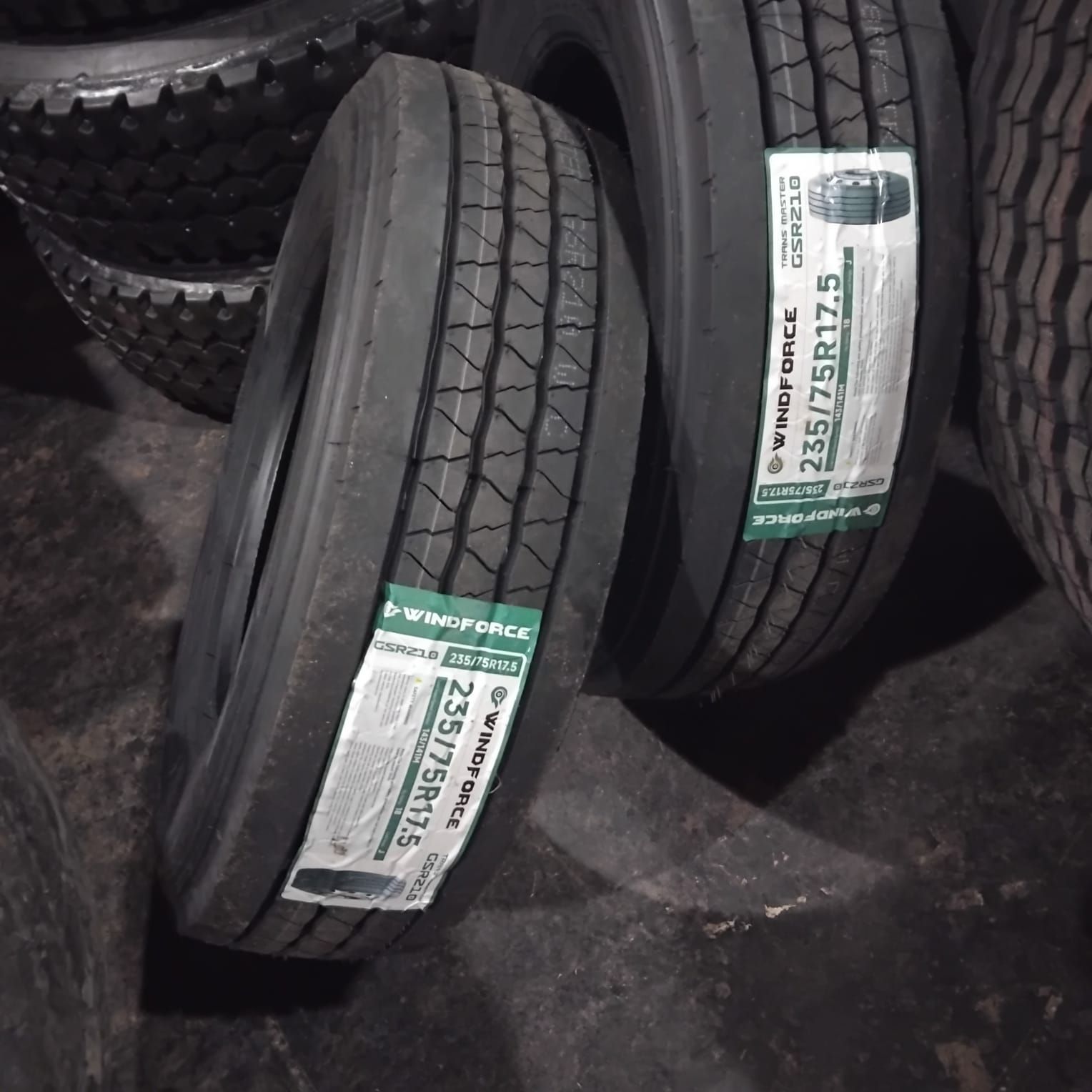 New 235/75R17.5 tyres with their labels on