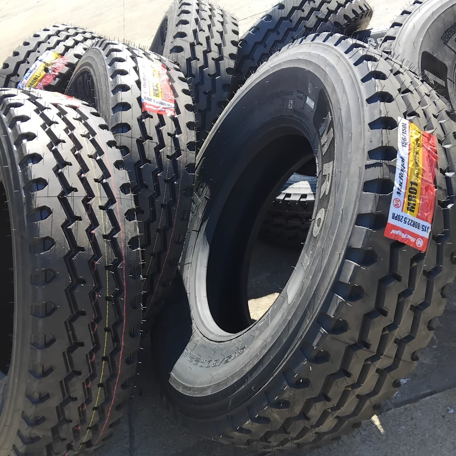 New Macroyal 315/80R22.5 multi-position tyres with their labels on
