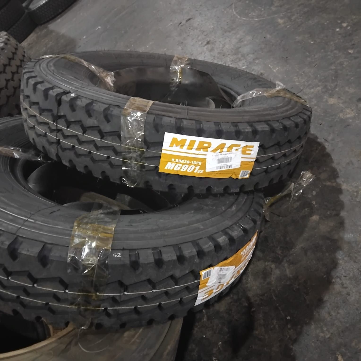 New Mirage 9.00R20 tyres in the warehouse